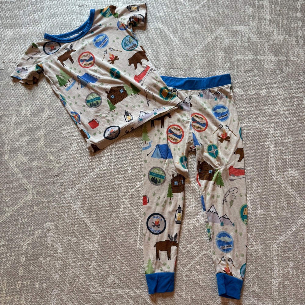 Little Sleepies Pajama Set Kids 12-18 Months Tan Blue Camping Bamboo